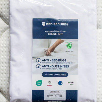 Packaging Bed-Secure® de la housse anti punaises de lit de qualité médicale garantie 10 ans sans traitement chimique certifié par des organismes indépendants.