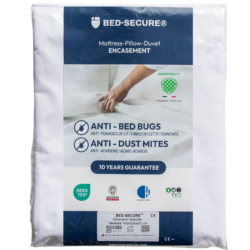 Packaging de la housse Bed-Secure anti-punaises de lit et anti-acariens, certifiée OEKO-TEX, Hohenstein, Bureau Veritas et TEC, avec garantie 10 ans et tissu français Microtext.