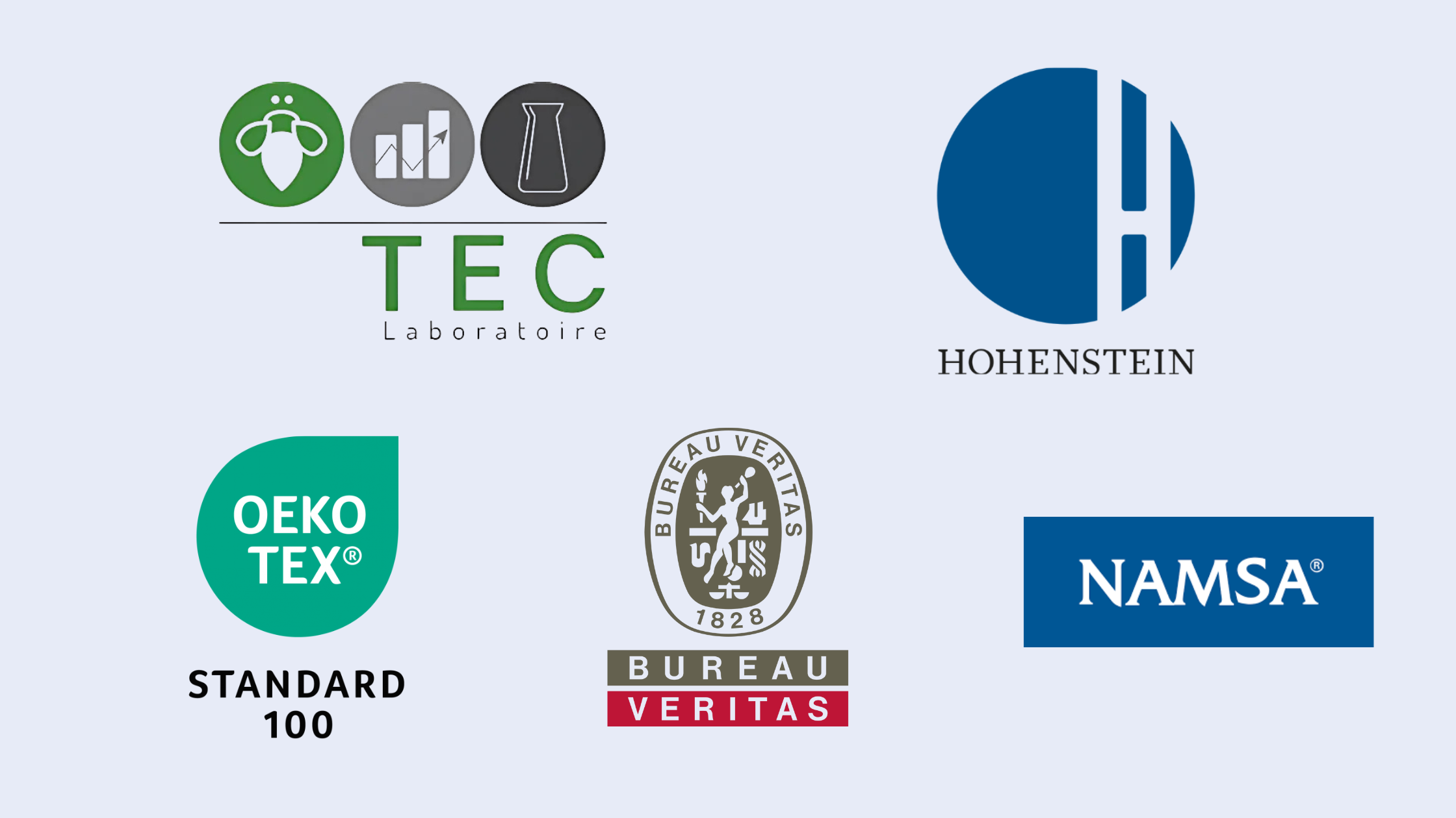 Logos des certifications et laboratoires garantissant la qualité des housses anti-punaises de lit : TEC Laboratoire, Hohenstein, OEKO-TEX Standard 100, NAMSA et Bureau Veritas