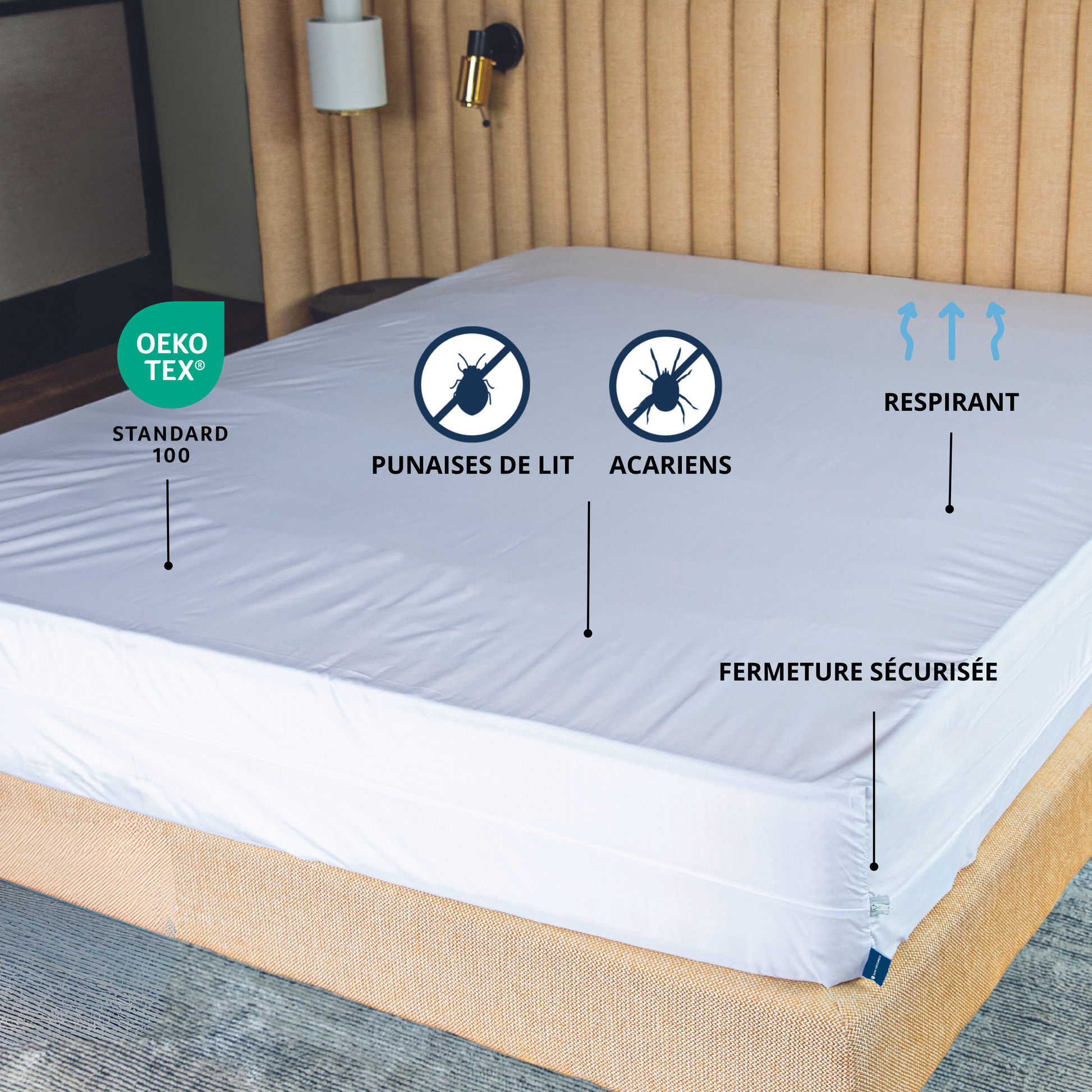Housse anti punaises de lit, respirante, fermeture sécurisée et oeko-tex standard 100 