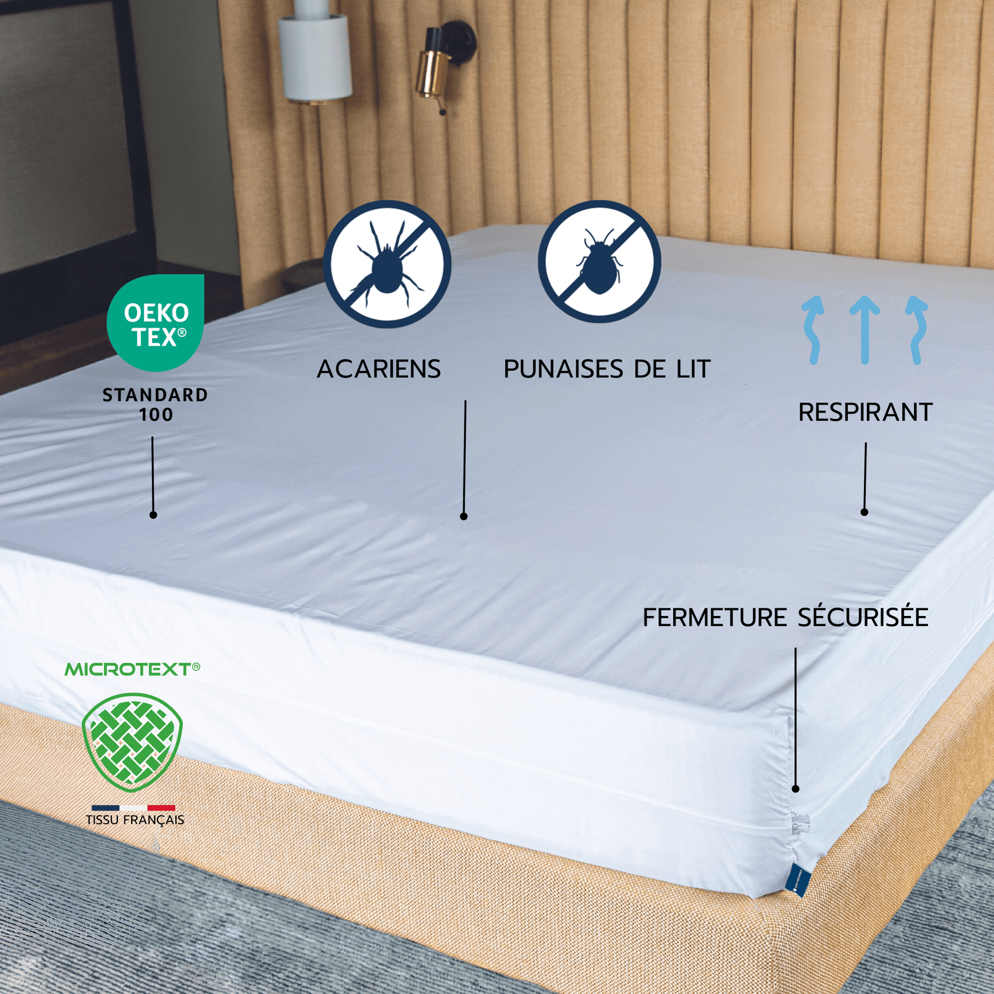 Comment marche une housse anti-punaises de lit ? La housse Bed-Secure® recouvre entièrement votre matelas et vos oreillers, formant une barrière hermétique qui protège contre les allergènes, les acariens et les punaises de lit et aux punaises de lit.