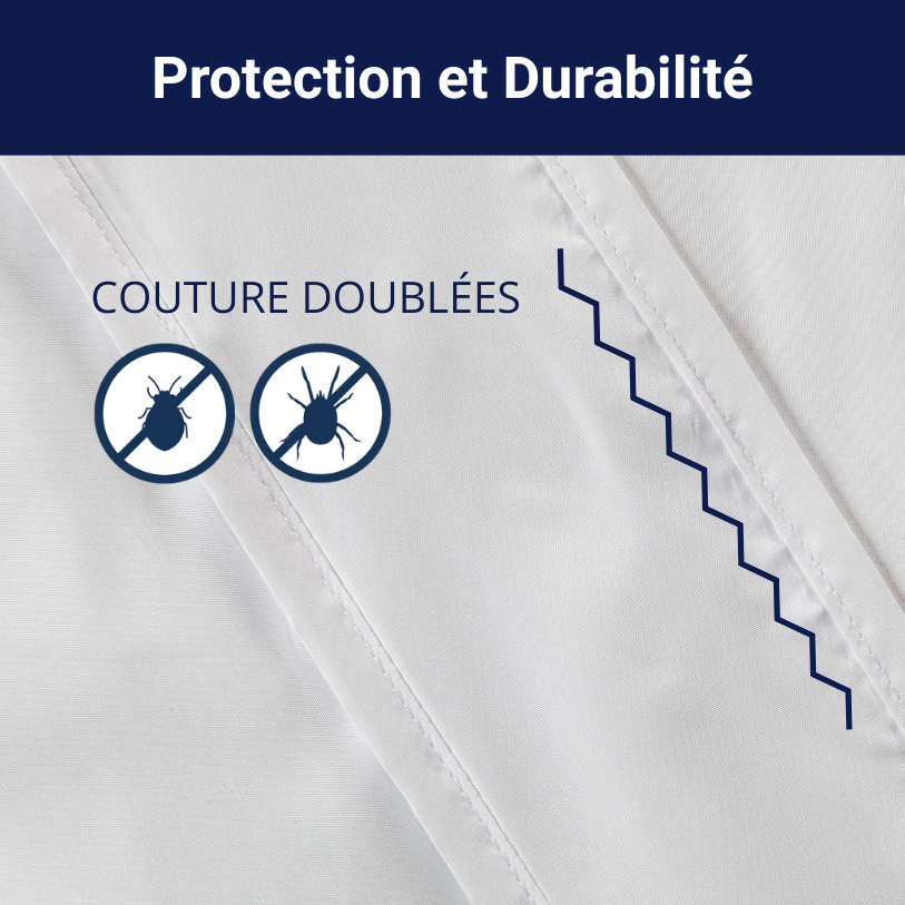 Housse anti-punaises de lit avec coutures doublées pour plus de protection et de durabilité.