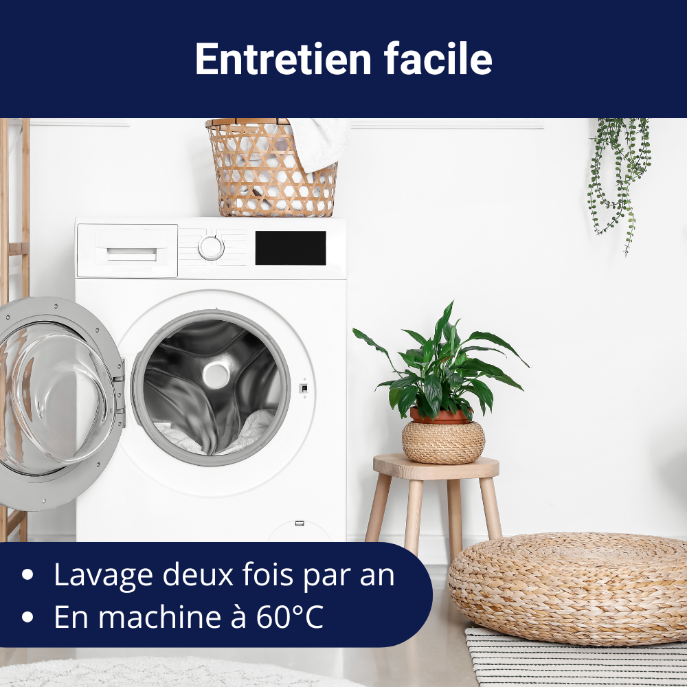 Machine à laver dans une buanderie moderne, montrant que la housse anti-punaises de lit est facile d’entretien : lavage en machine à 60 °C, recommandé deux fois par an.