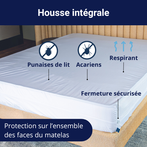 Housse anti-punaises de lit intégrale recouvrant entièrement le matelas, offrant une protection contre les punaises de lit et les acariens, avec tissu respirant et fermeture sécurisée.