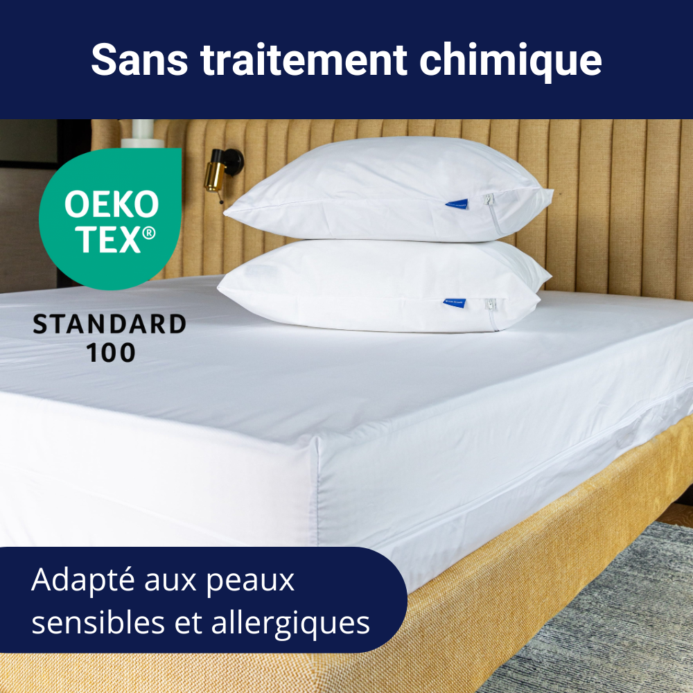 Housse de matelas et housses d’oreillers blanches anti-punaises de lit sans traitement chimique, certifiées OEKO-TEX® Standard 100, installées sur un lit, adaptées aux peaux sensibles et allergiques.