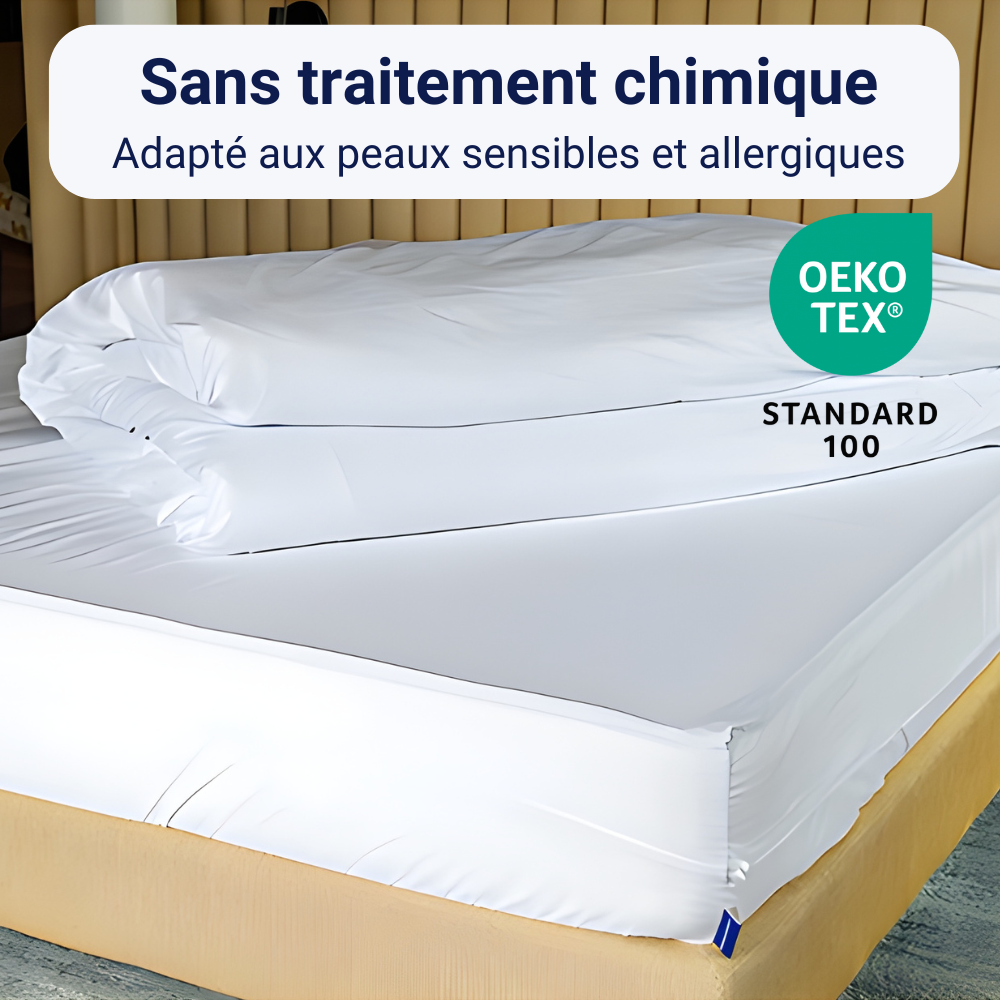 Housse de matelas blanche sans traitement chimique, adaptée aux peaux sensibles et allergiques, certifiée OEKO-TEX Standard 100, installée sur un lit.