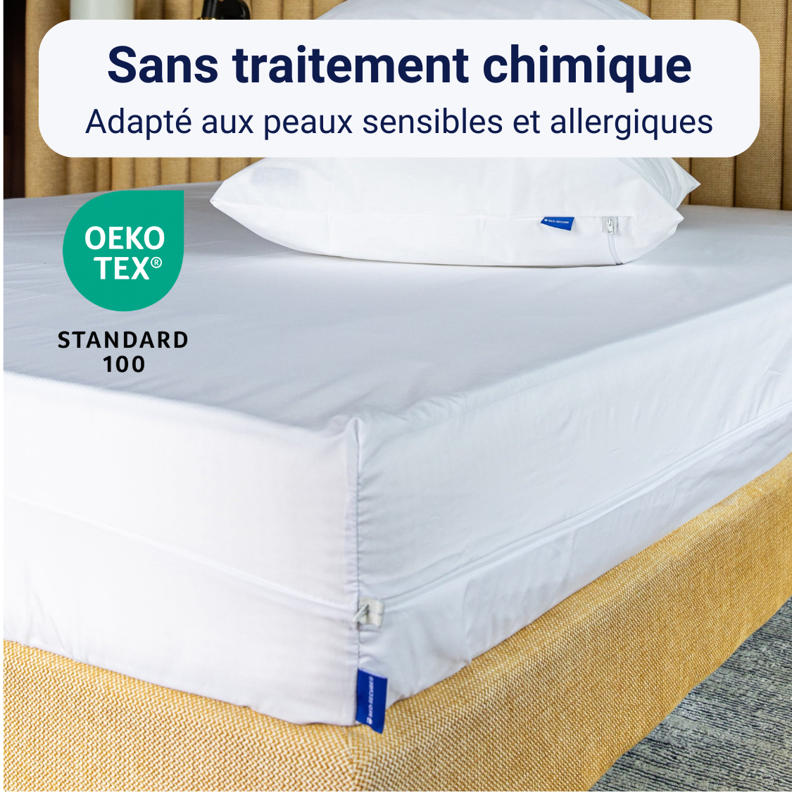 Housse de matelas Bed-Secure® blanche avec fermeture zippée, certifiée Oeko-Tex® Standard 100, sans traitement chimique, anti punaises de lit, adaptée aux peaux sensibles et allergiques.