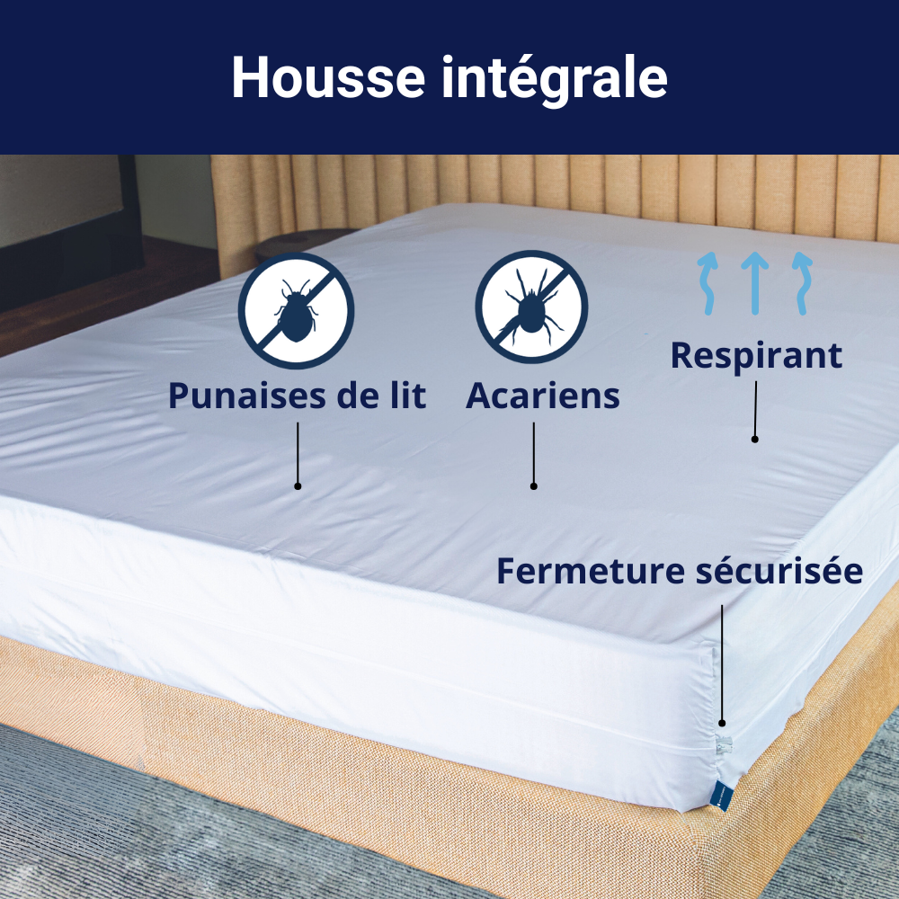 Housse anti-punaises de lit intégrale recouvrant entièrement le matelas, offrant une protection contre les punaises de lit et les acariens, avec tissu respirant et fermeture sécurisée.