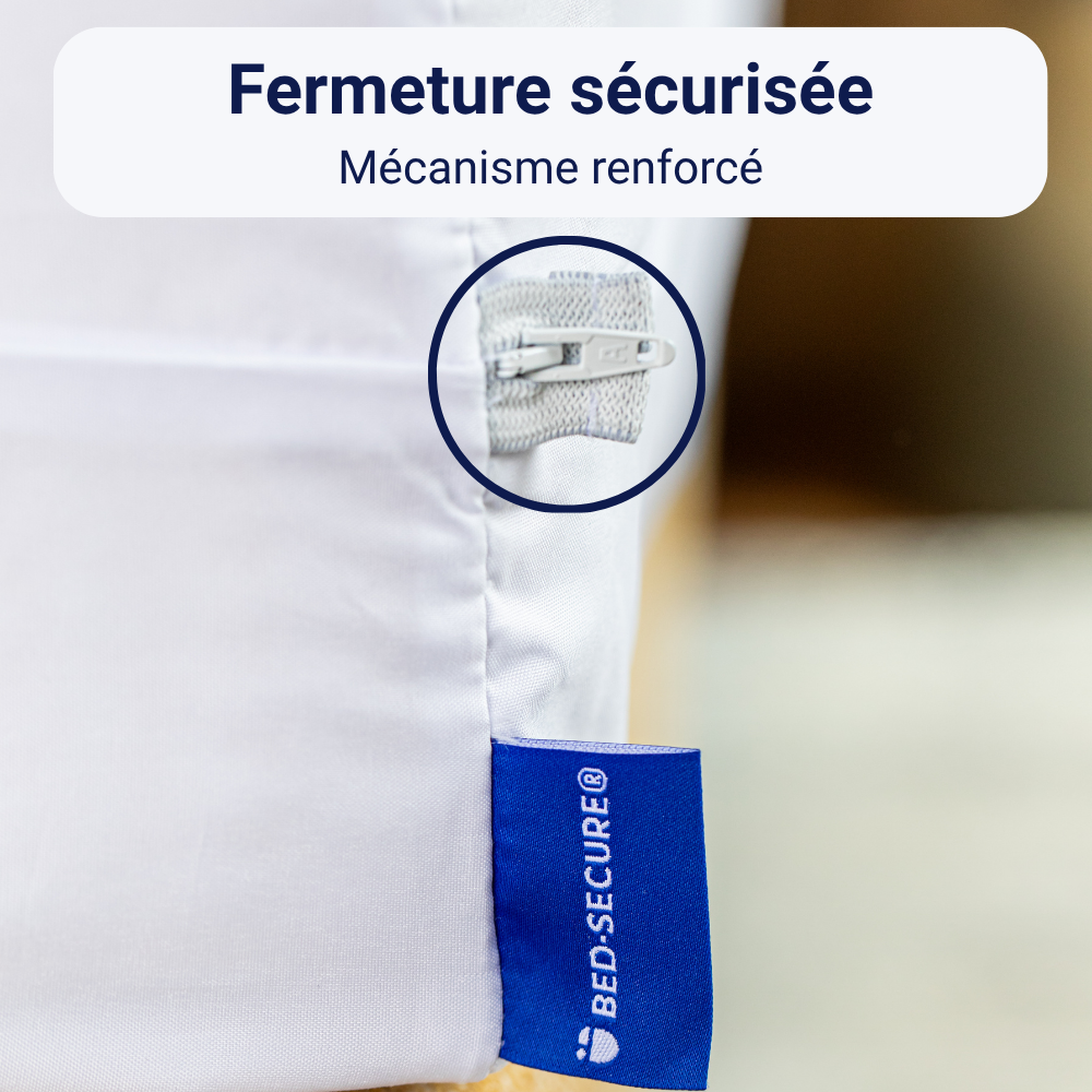 Coin d'une housse de matelas anti-punaises de lit Bed-Secure avec fermeture éclair sécurisée à mécanisme renforcé