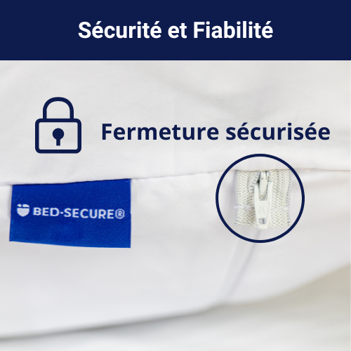 Housse de protection Bed-Secure avec fermeture éclair sécurisée et étiquette de marque, garantissant une protection fiable contre les punaises de lit.