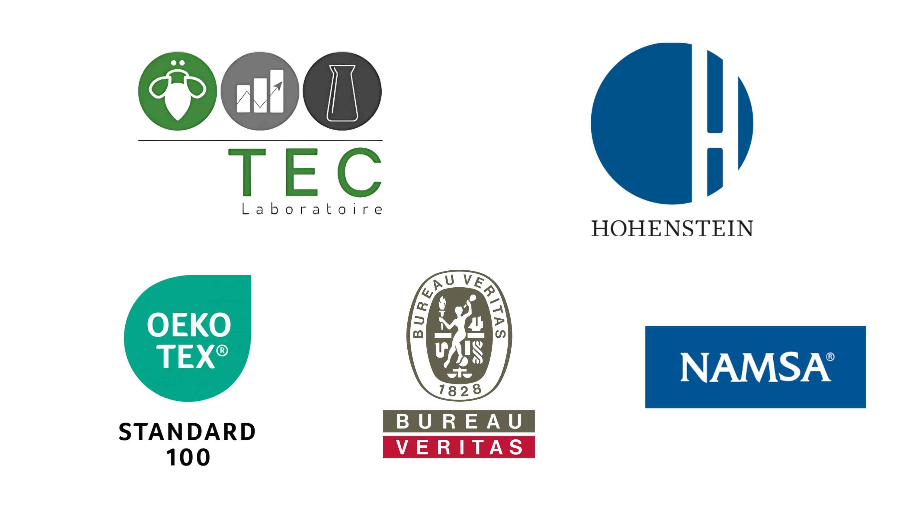 Logos des certifications et laboratoires garantissant la qualité des housses anti-punaises de lit : TEC Laboratoire, Hohenstein, OEKO-TEX Standard 100, NAMSA et Bureau Veritas