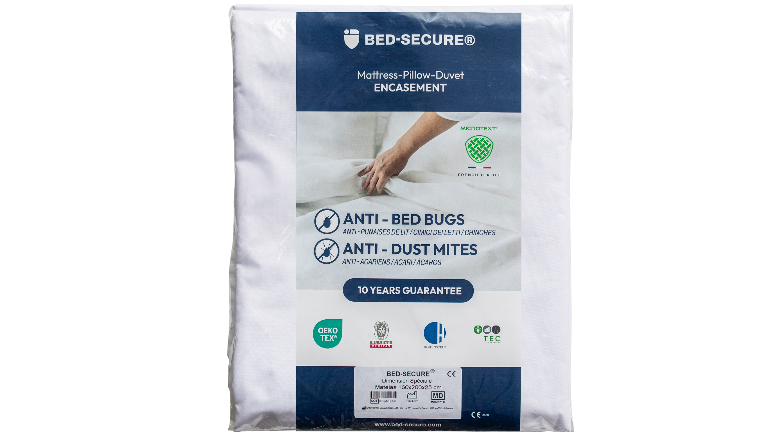 Emballage de la housse Bed-Secure® pour matelas, oreiller et couette – protection anti-punaises de lit et anti-acariens, garantie 10 ans